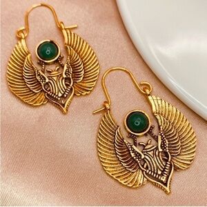 Bohemian Vintage Egyptian Sacred Wings & Moth Antique Gold Dangle Earrinngs
